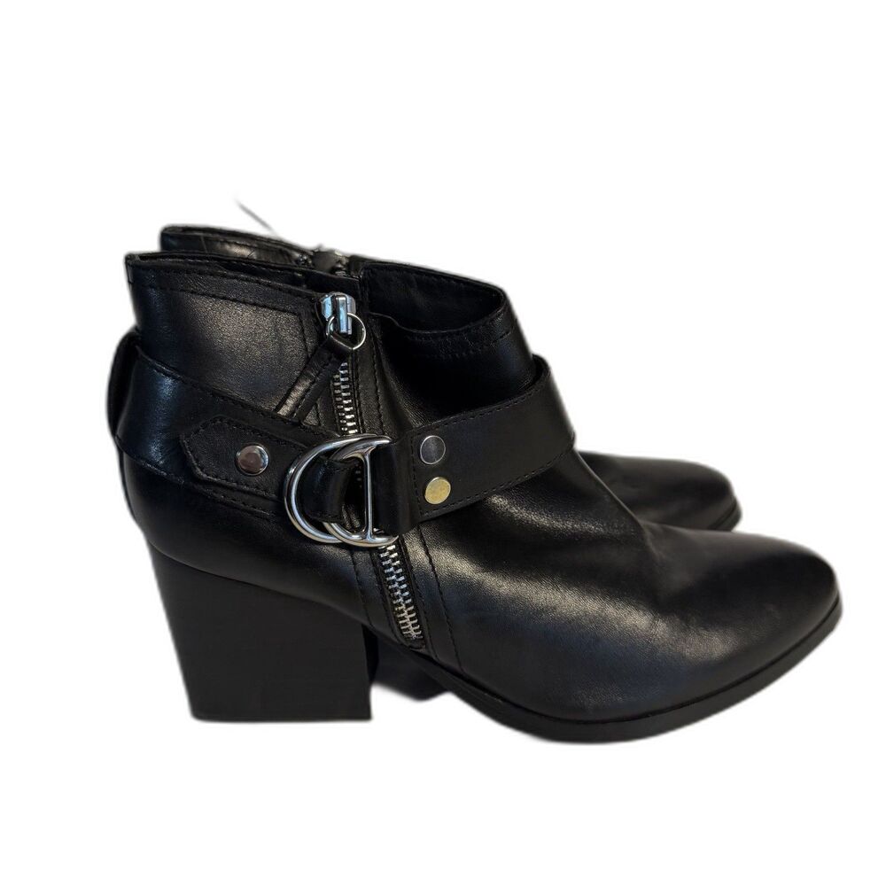 Marc Fisher Vanqar Booties Womens 8M Black Leather Ankle Boots Block Heel Chunky
